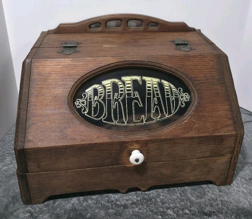 Vtg wood bread box glass - bread, face